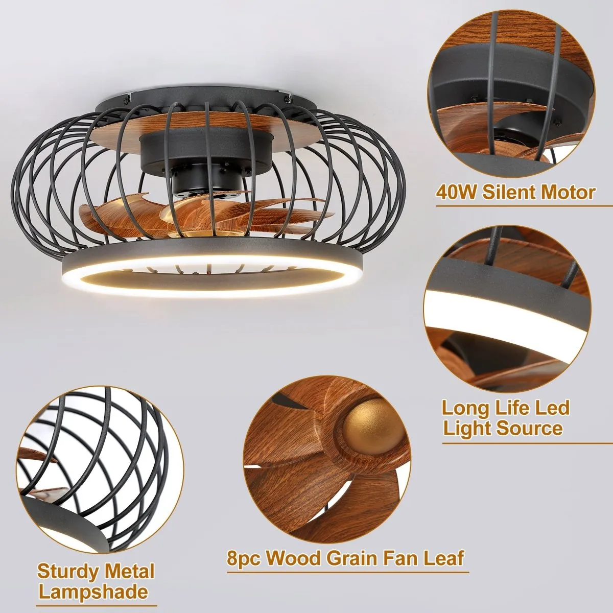 DLLT Cage Ceiling Fan with Lights Remote Control, 17” Small Industrial Bladeless Fan Light with 3 Speed, Smart 18W LED Dimmable Lighting Indoor Low Profile Ceiling Fan Flush Mount, 3 Color Changeable