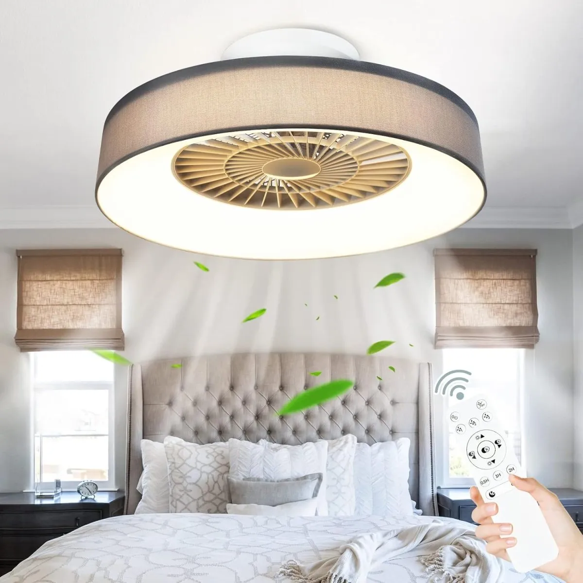 DLLT Low Profile Ceiling Fan with Light, 22'' / 18''  LED Dimmable Ceiling Fans with Lights and Remote, Modern Bladeless Enclosed Ceiling Fan Flush Mount with Reverse Motor for Bedroom Living Room, Gray