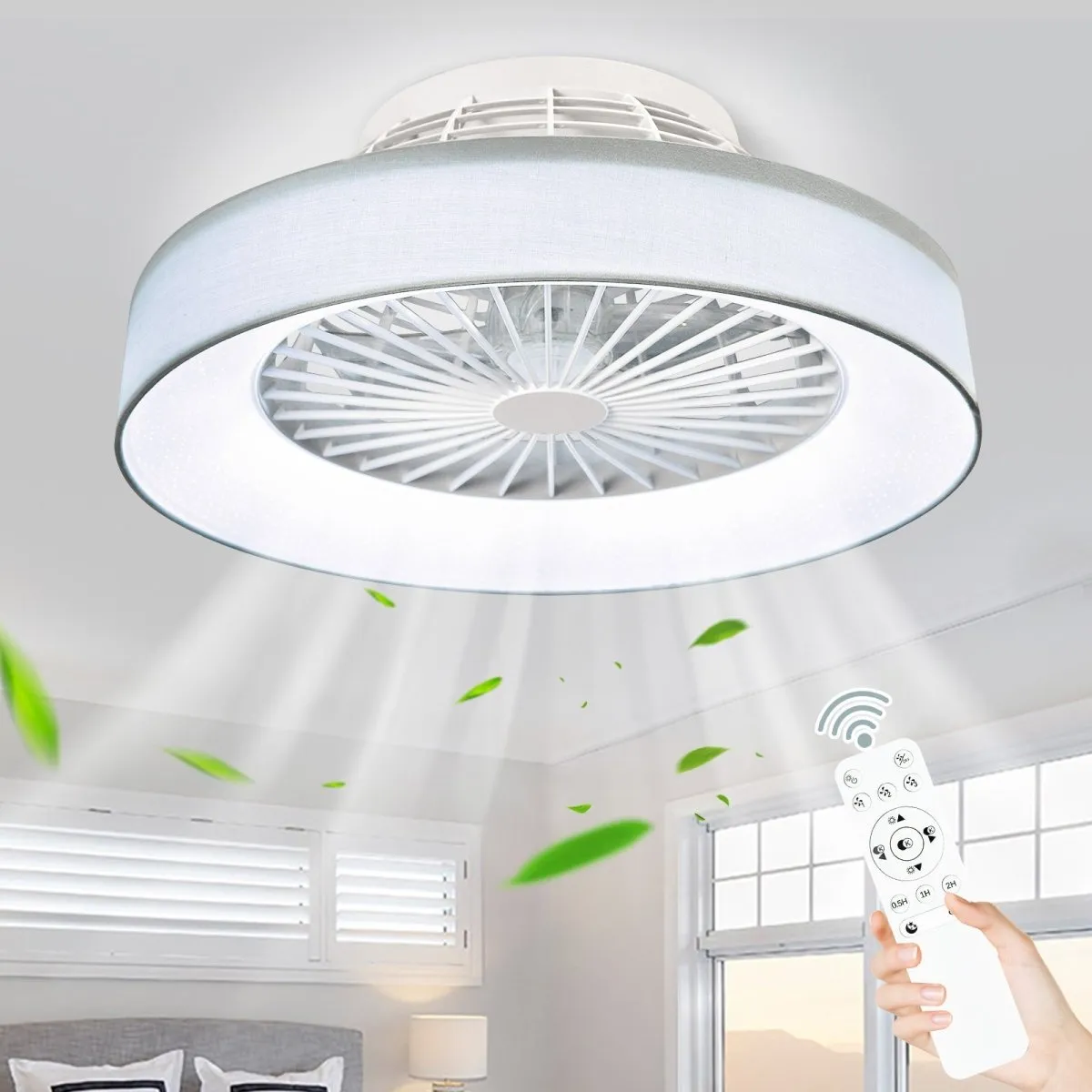 DLLT Low Profile Ceiling Fan with Light, 22'' / 18''  LED Dimmable Ceiling Fans with Lights and Remote, Modern Bladeless Enclosed Ceiling Fan Flush Mount with Reverse Motor for Bedroom Living Room, Gray