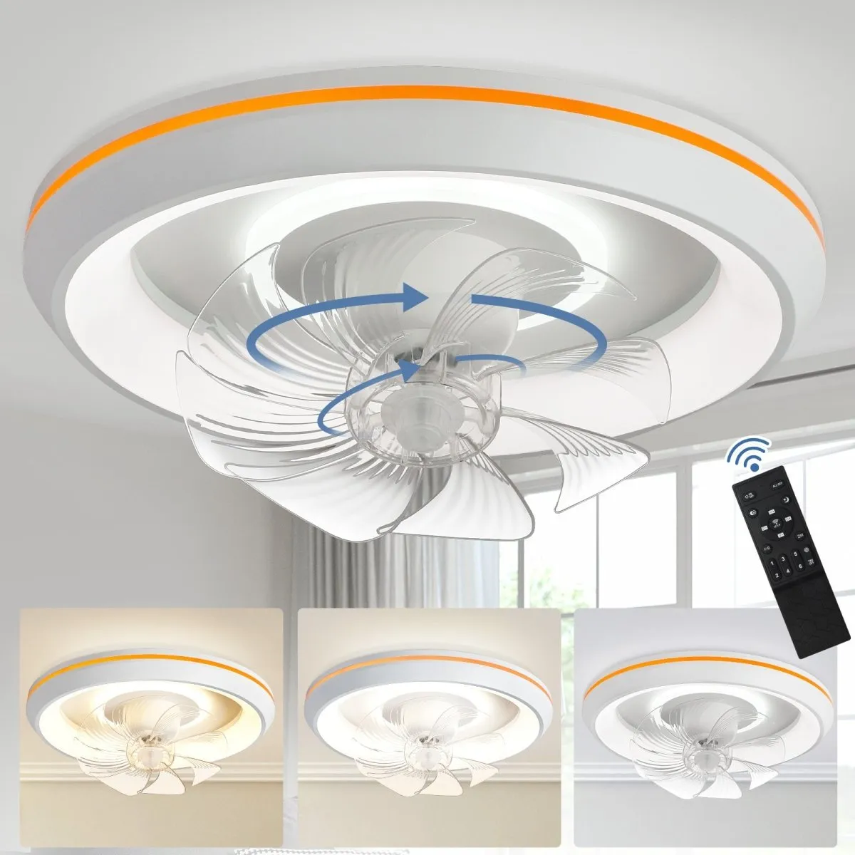 DLLT Modern 360-Degree Rotation Low Profile Ceiling Fans with Lights and Remote, Dimmable LED Reversible Timing, Ceiling Fans with Lights 3 Colors 6 Speeds Bladeless for Bedroom, Kitchen, 19’’, White