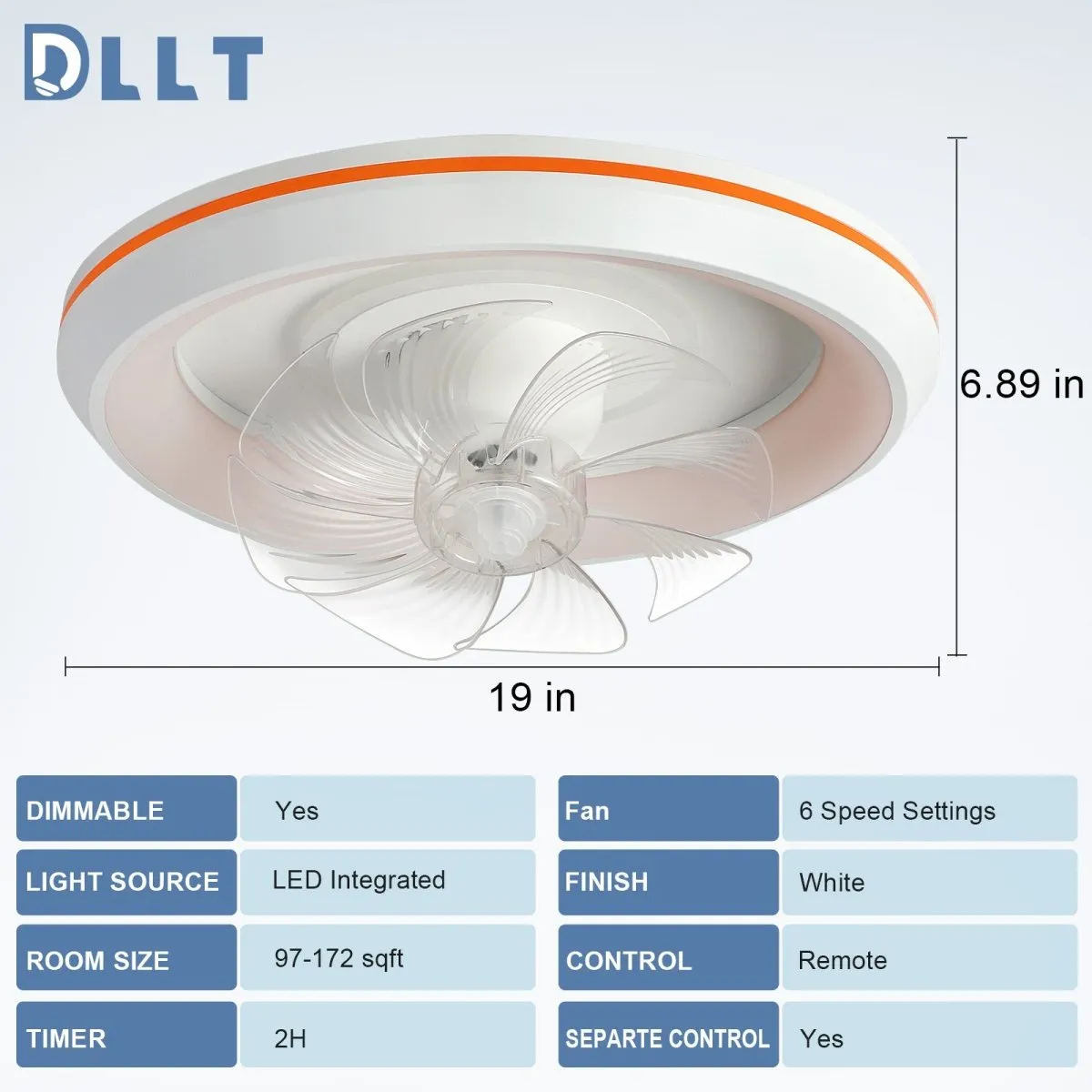 DLLT Modern 360-Degree Rotation Low Profile Ceiling Fans with Lights and Remote, Dimmable LED Reversible Timing, Ceiling Fans with Lights 3 Colors 6 Speeds Bladeless for Bedroom, Kitchen, 19’’, White