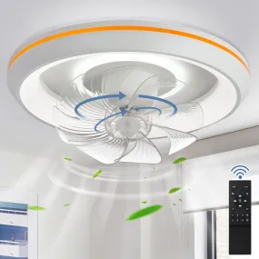 DLLT Modern 360-Degree Rotation Low Profile Ceiling Fans with Lights and Remote, Dimmable LED Reversible Timing, Ceiling Fans with Lights 3 Colors 6 Speeds Bladeless for Bedroom, Kitchen, 19’’, White