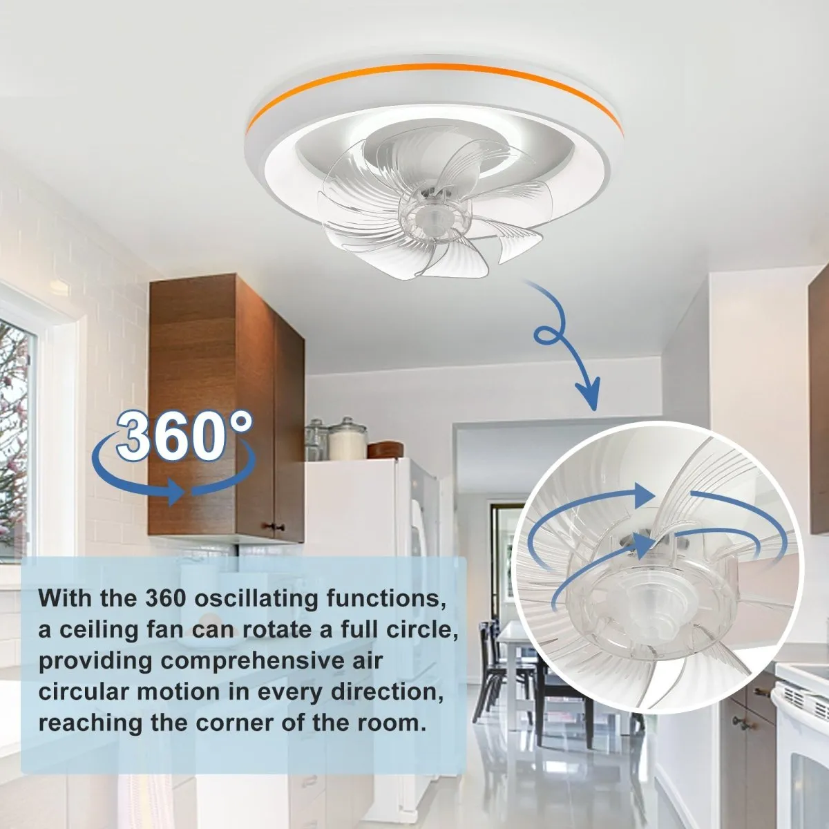 DLLT Modern 360-Degree Rotation Low Profile Ceiling Fans with Lights and Remote, Dimmable LED Reversible Timing, Ceiling Fans with Lights 3 Colors 6 Speeds Bladeless for Bedroom, Kitchen, 19’’, White