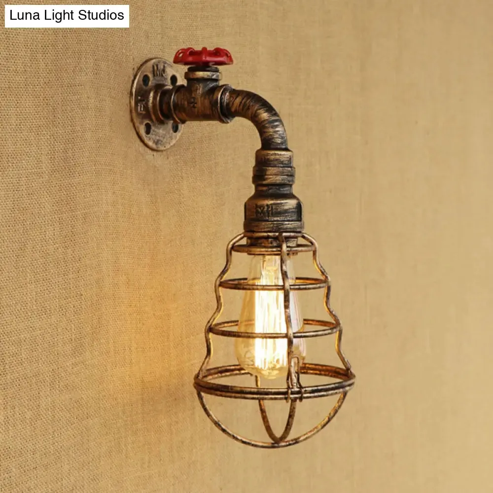 Farmhouse Style Aged Bronze Iron Wall Sconce: Head Cage Bulb Shaped Lamp with Valve Wheel