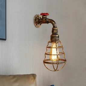 Farmhouse Style Aged Bronze Iron Wall Sconce: Head Cage Bulb Shaped Lamp with Valve Wheel