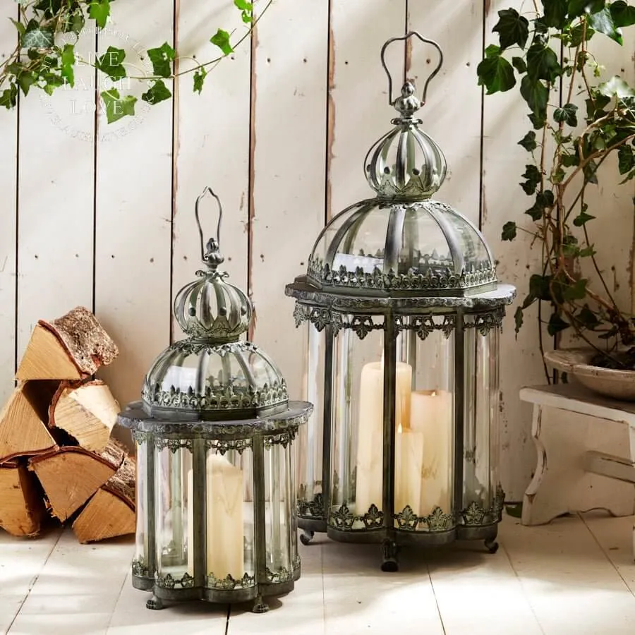 Green & Black Distressed Metal & Glass Lanterns