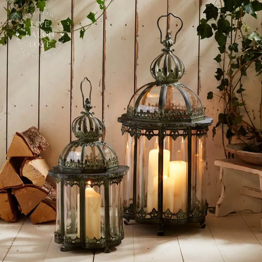 Green & Black Distressed Metal & Glass Lanterns