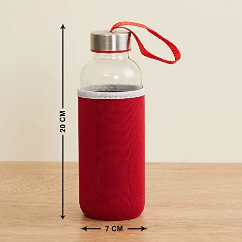 Home Centre Favola-Cyprus Transparent Glass Water Bottle with Pouch - 400 ml - Red