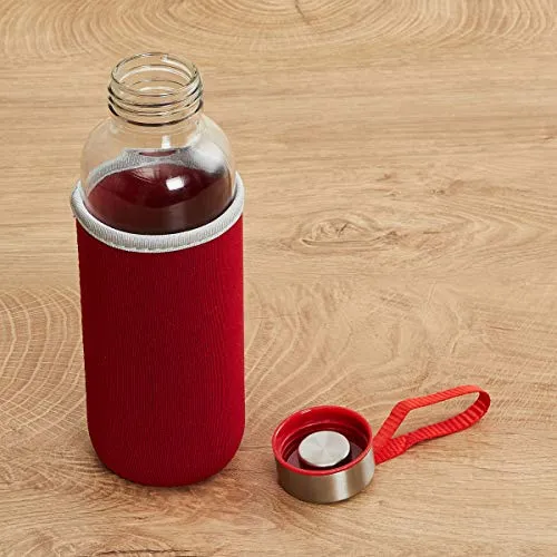 Home Centre Favola-Cyprus Transparent Glass Water Bottle with Pouch - 400 ml - Red