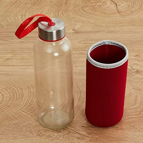 Home Centre Favola-Cyprus Transparent Glass Water Bottle with Pouch - 400 ml - Red