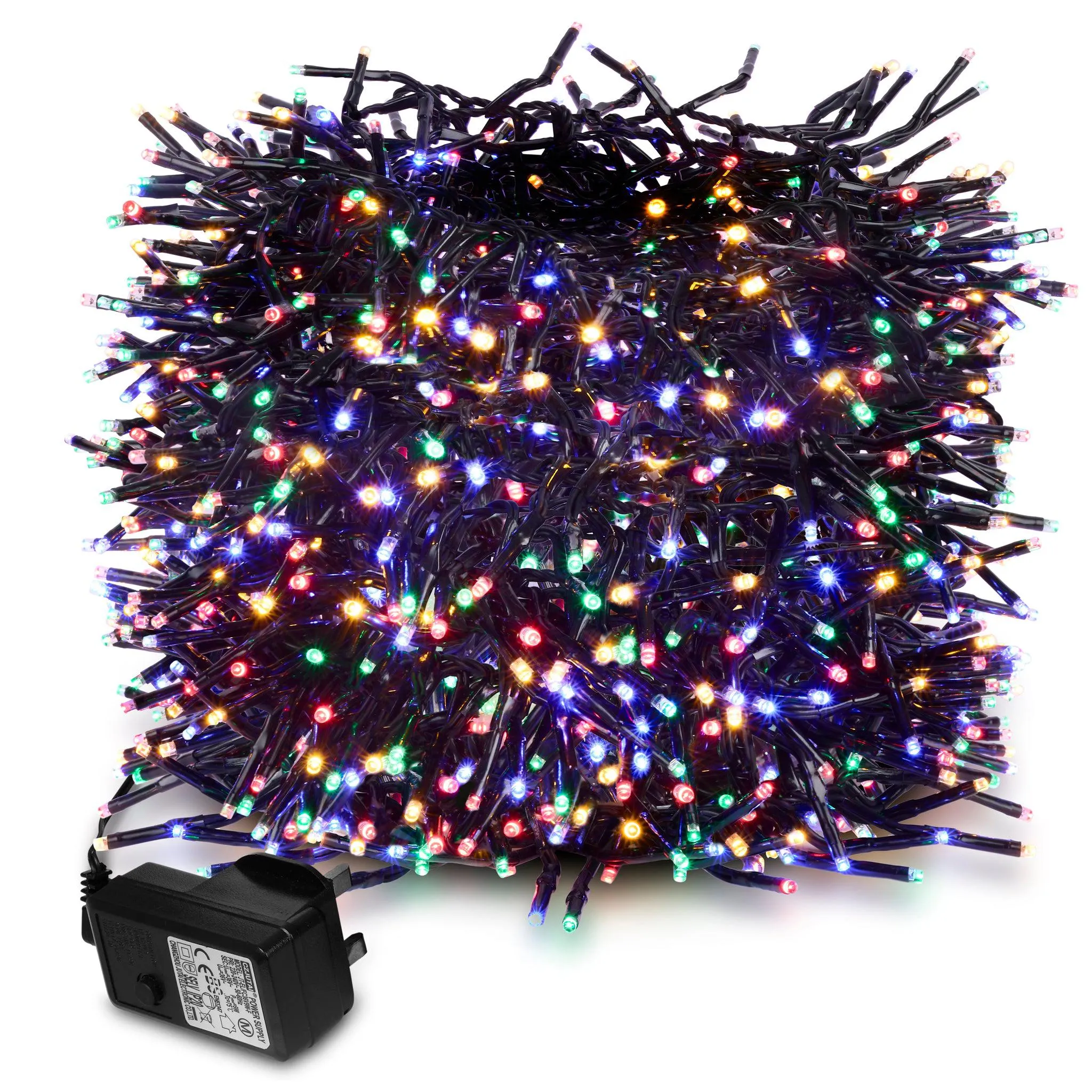 Indoor/Outdoor 8 Function LED Waterproof Cluster Fairy Lights with Green Cable (480 Cluster Lights - 17.5M Cable) - Multicoloured Lights