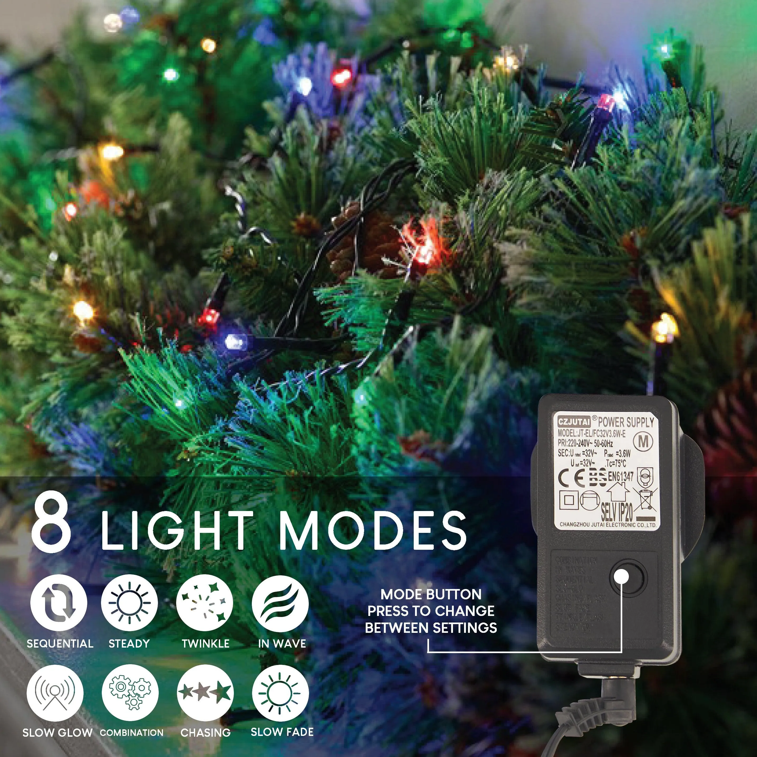 Indoor/Outdoor 8 Function LED Waterproof Cluster Fairy Lights with Green Cable (480 Cluster Lights - 17.5M Cable) - Multicoloured Lights