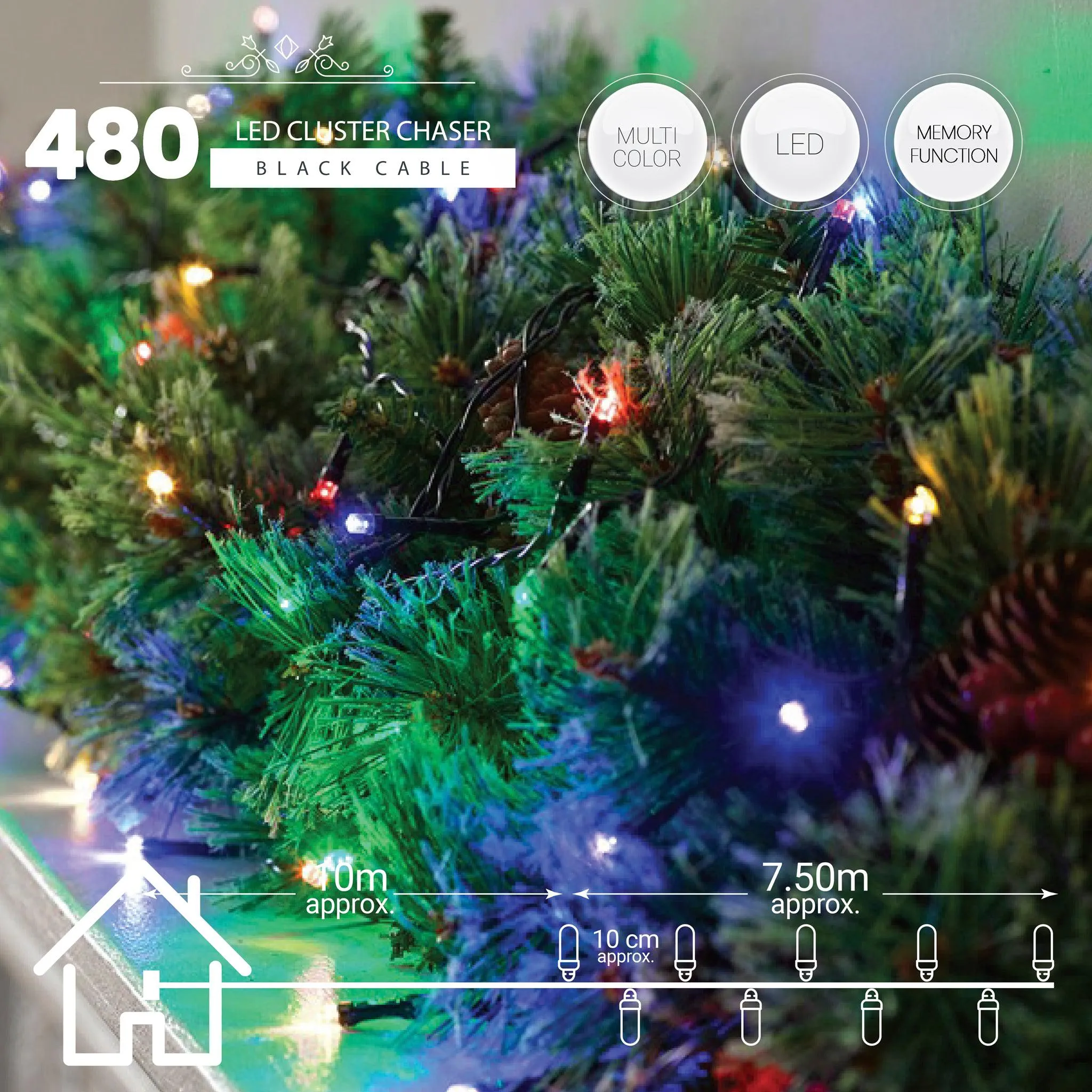 Indoor/Outdoor 8 Function LED Waterproof Cluster Fairy Lights with Green Cable (480 Cluster Lights - 17.5M Cable) - Multicoloured Lights