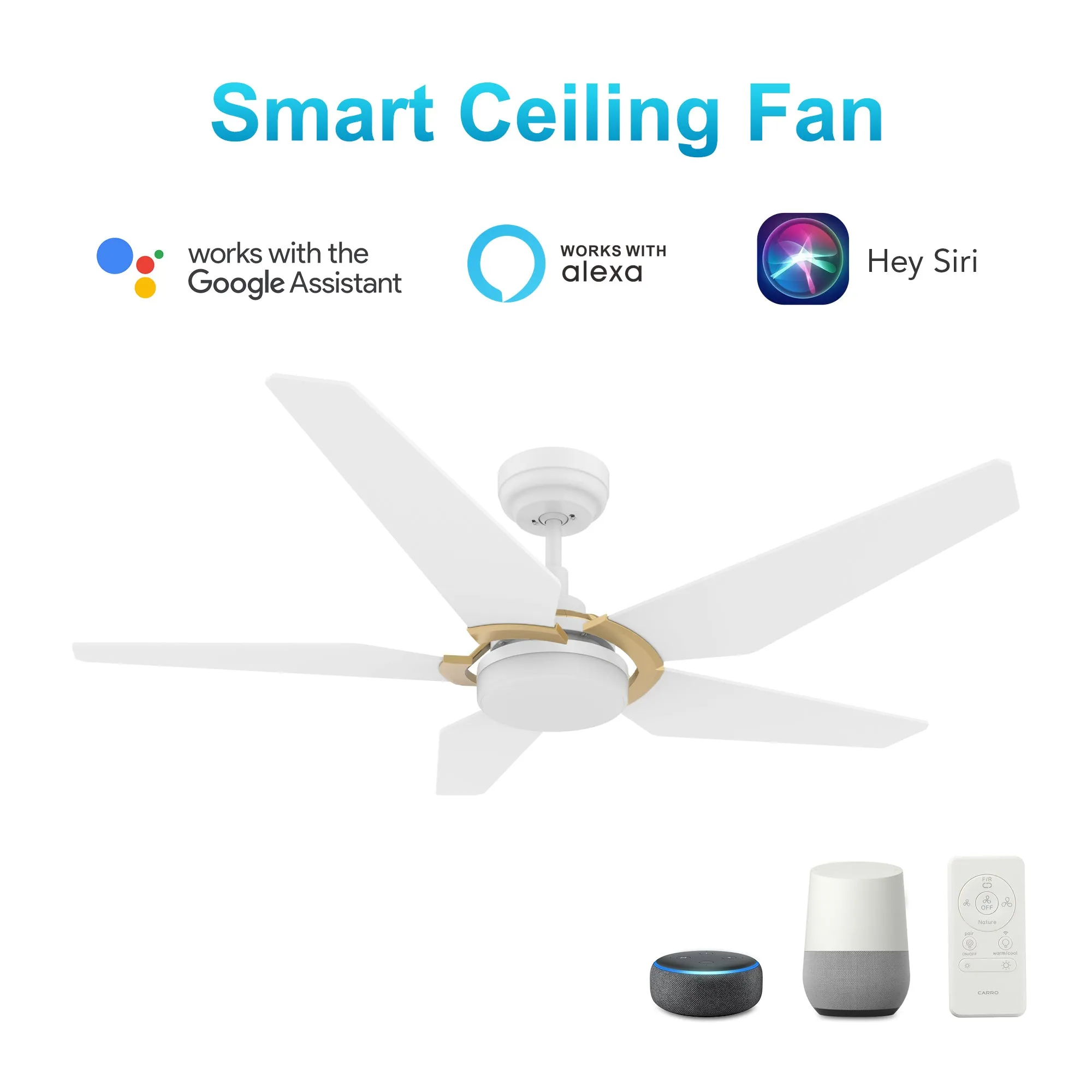 KAJ 52 inch 5-Blade Smart Ceiling Fan with LED Light Kit & Remote - White/White (Gold Detail)