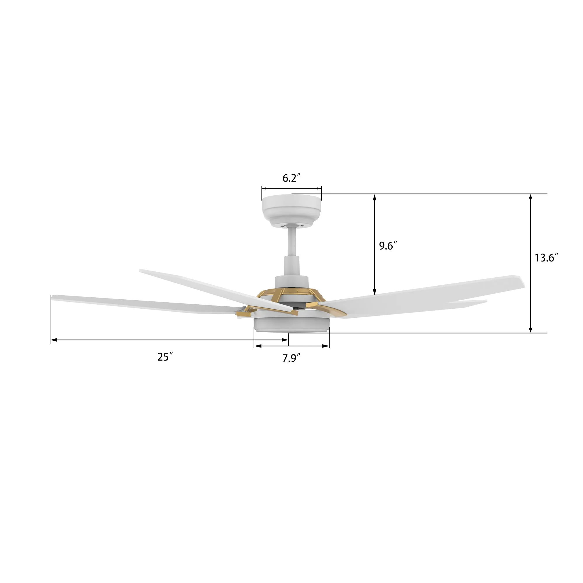 KAJ 52 inch 5-Blade Smart Ceiling Fan with LED Light Kit & Remote - White/White (Gold Detail)