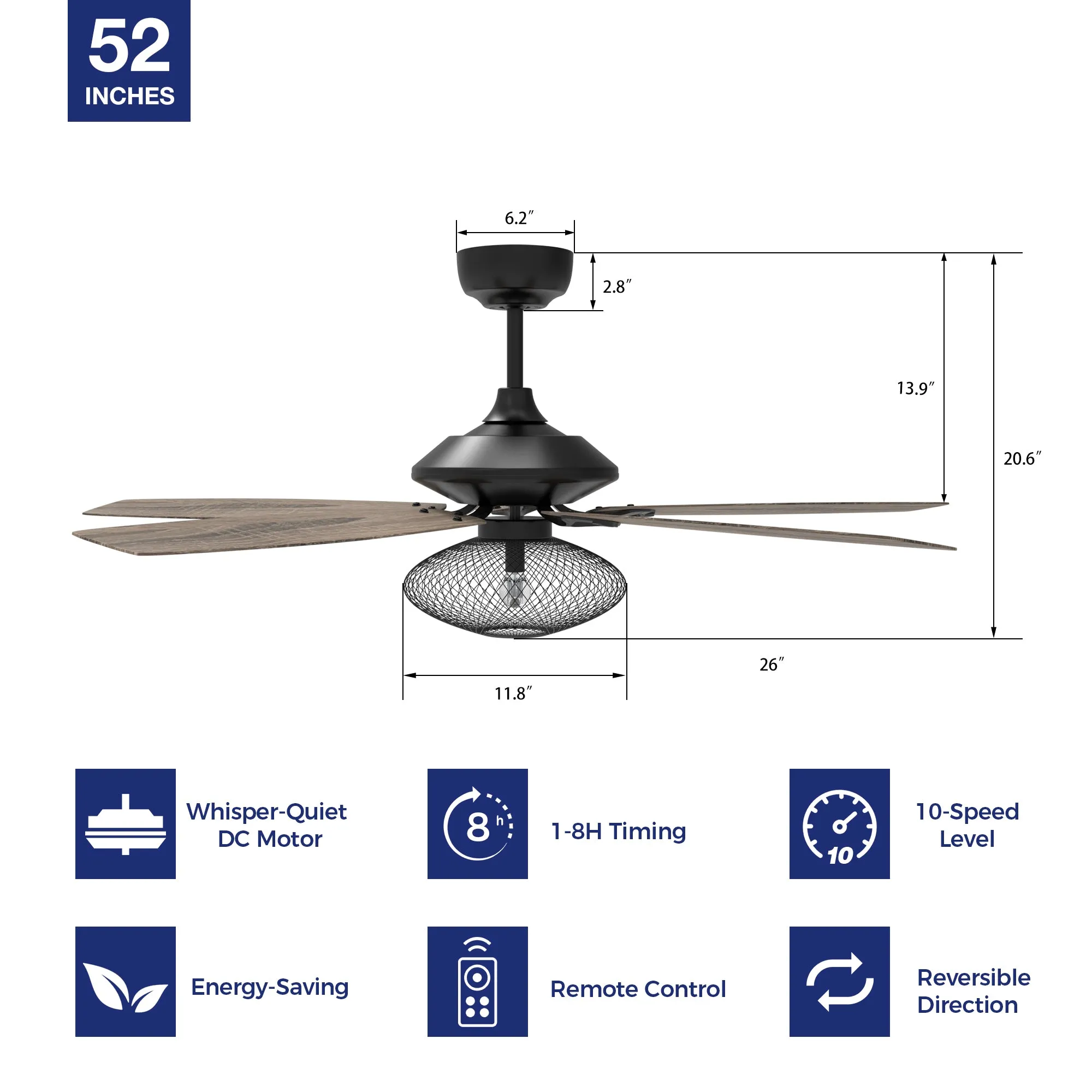 Keller ceiling fan with Led light and remote control 52 inch 10 speed