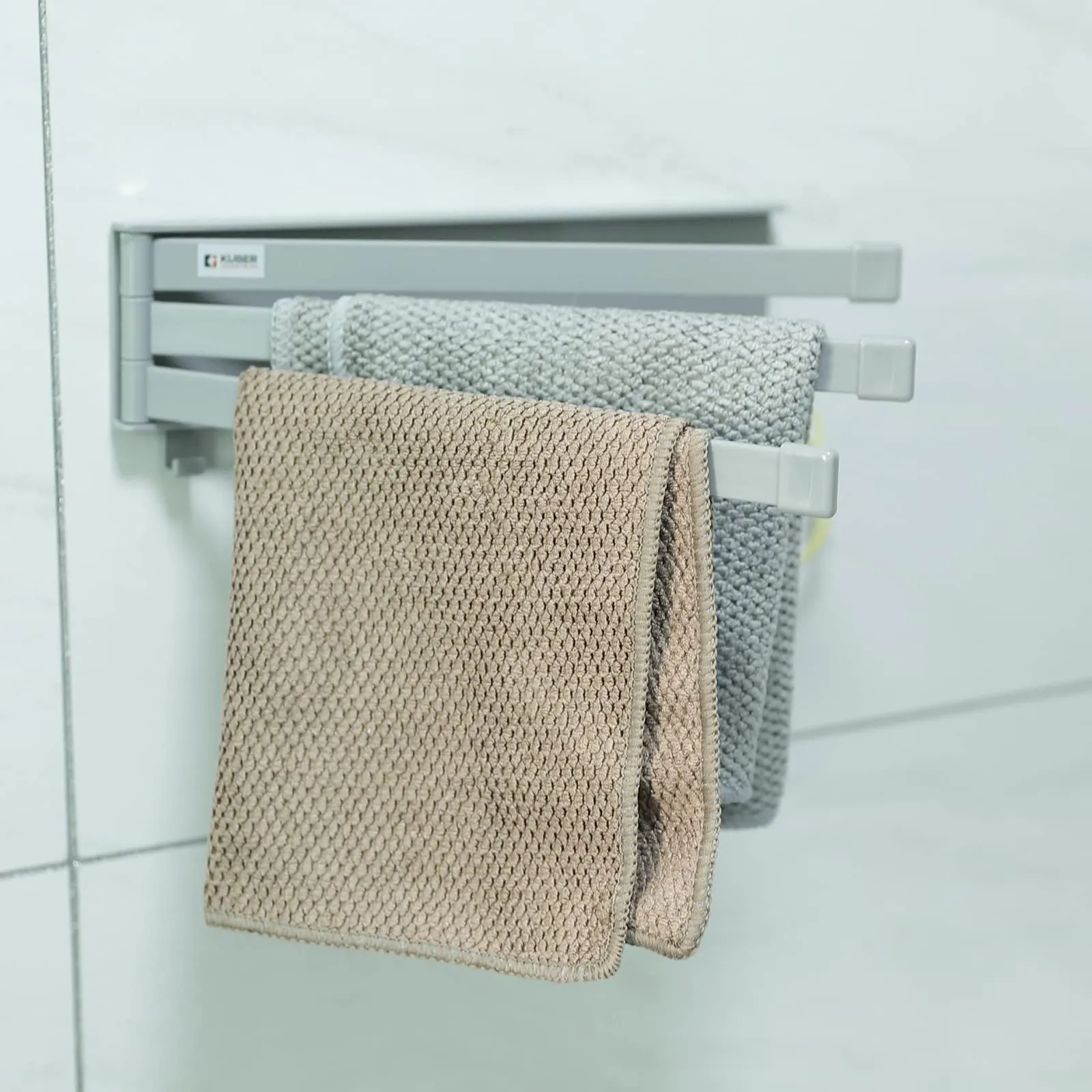 Kuber Industries Towel Holder Set| 180 Degree Rotation 3 Bars | Self-Adhesive DIY Installation|Multi-Purpose Bathroom & Kitchen Towel Holder|Minimalist Bathroom Accessories|Pack of 2|Grey