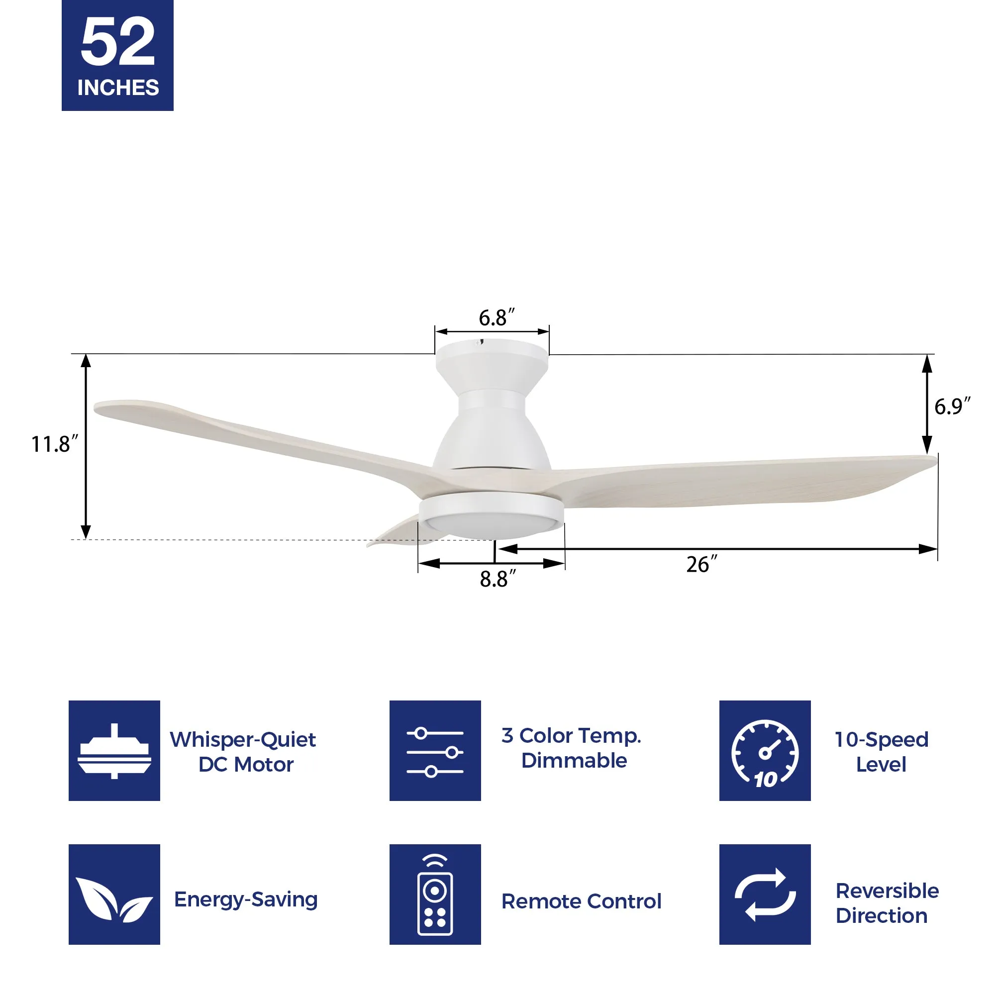 Lainey Flush Mount Ceiling Fan with LED Light and Remote 52 inch