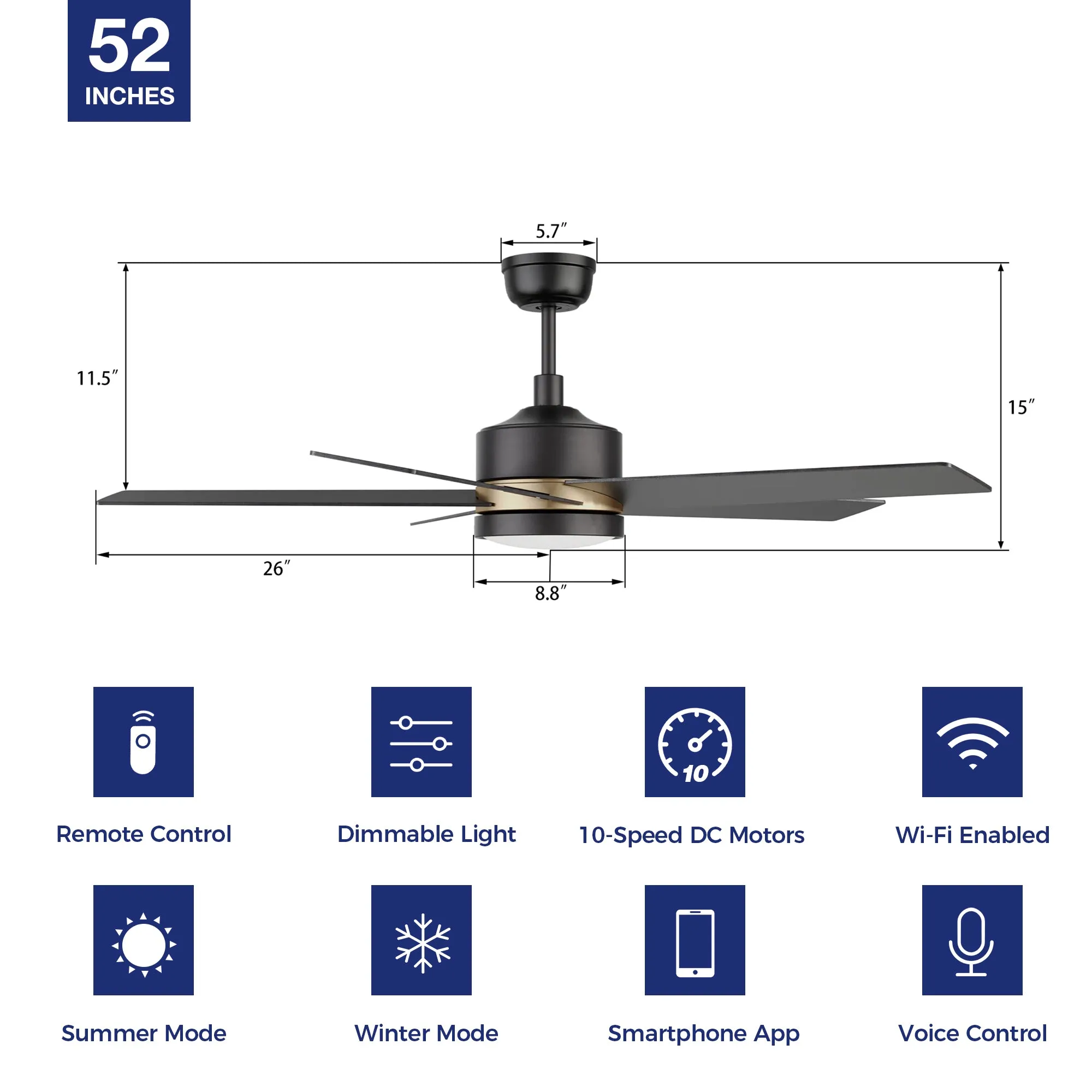 Lakeland Outdoor/Indoor Smart Ceiling Fan with LED Light Remote 52”