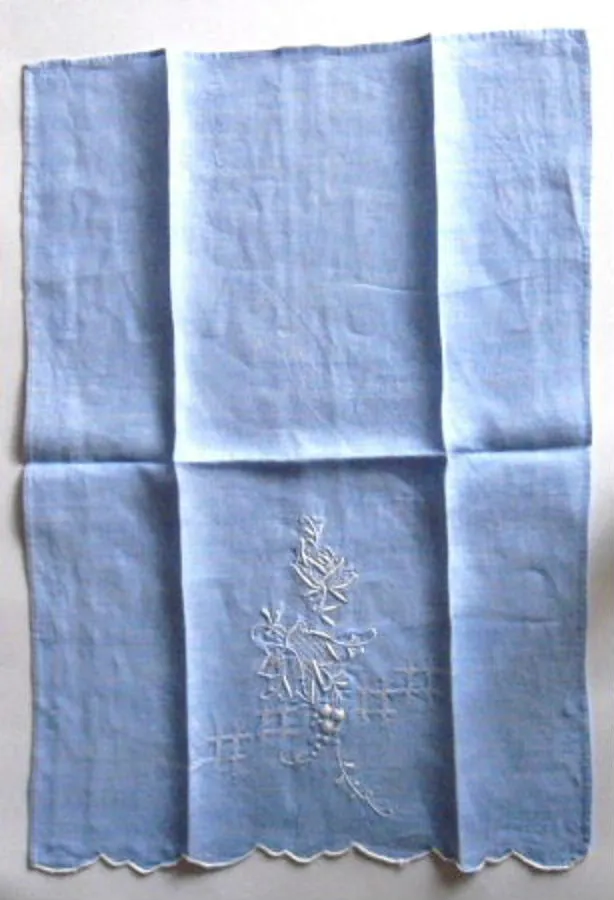 Linen Guest Towel Hand Towel Hand Embroidered 1950s Blue And White