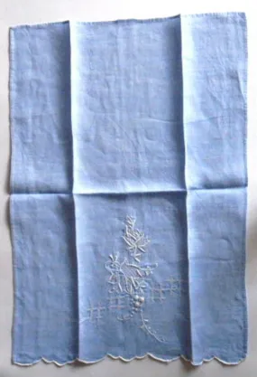 Linen Guest Towel Hand Towel Hand Embroidered 1950s Blue And White