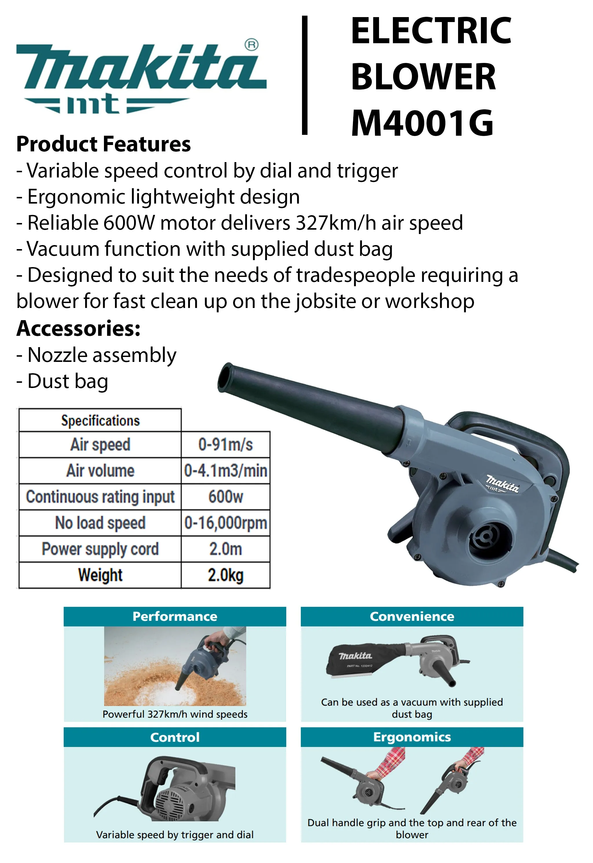 Makita Air blower 600W Variable