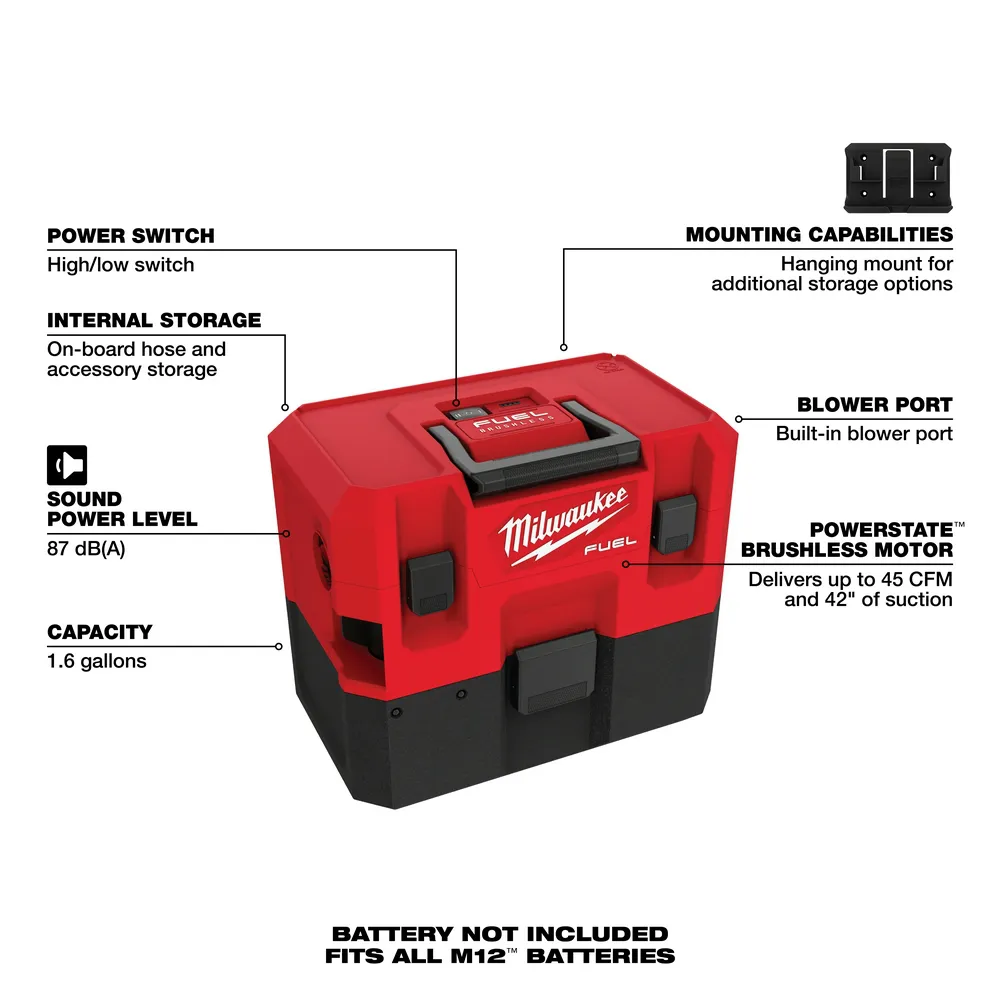 Milwaukee M12 Fuel 1.6 Gallon Wet and Dry Vacuum