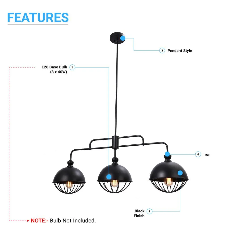 Modern 3-Light Black Iron Dome Shade Linear Pendant Chandelier for Kitchen & Dining