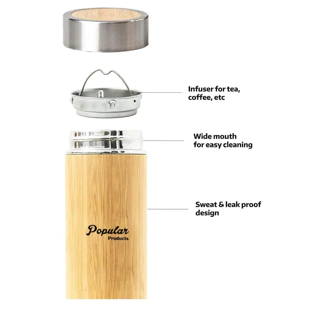 POLAR Popular Bamboo Stainless Steel Flask/Thermos/Water Bottle {Double Wall Vacuum Insulated }Hot & Cold (450 ml).