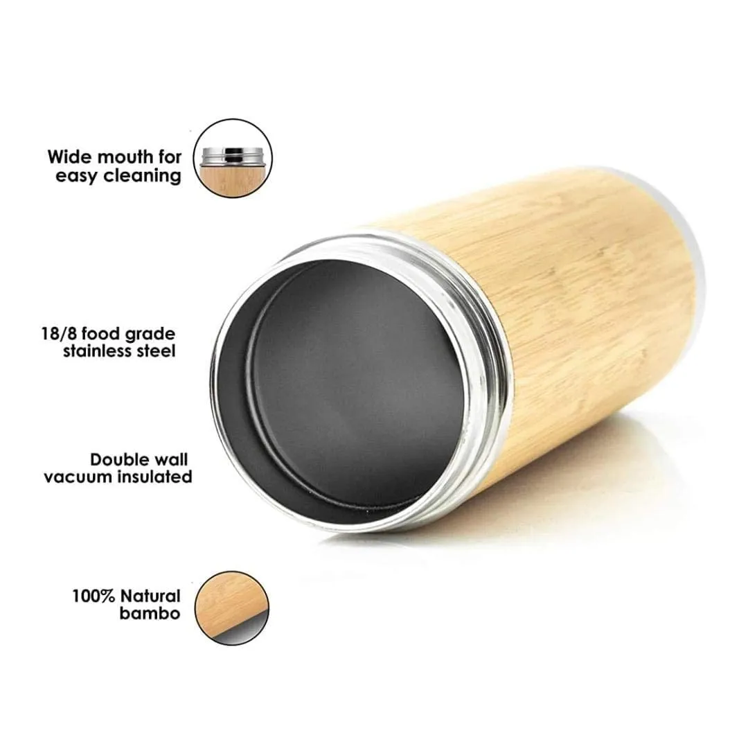 POLAR Popular Bamboo Stainless Steel Flask/Thermos/Water Bottle {Double Wall Vacuum Insulated }Hot & Cold (450 ml).