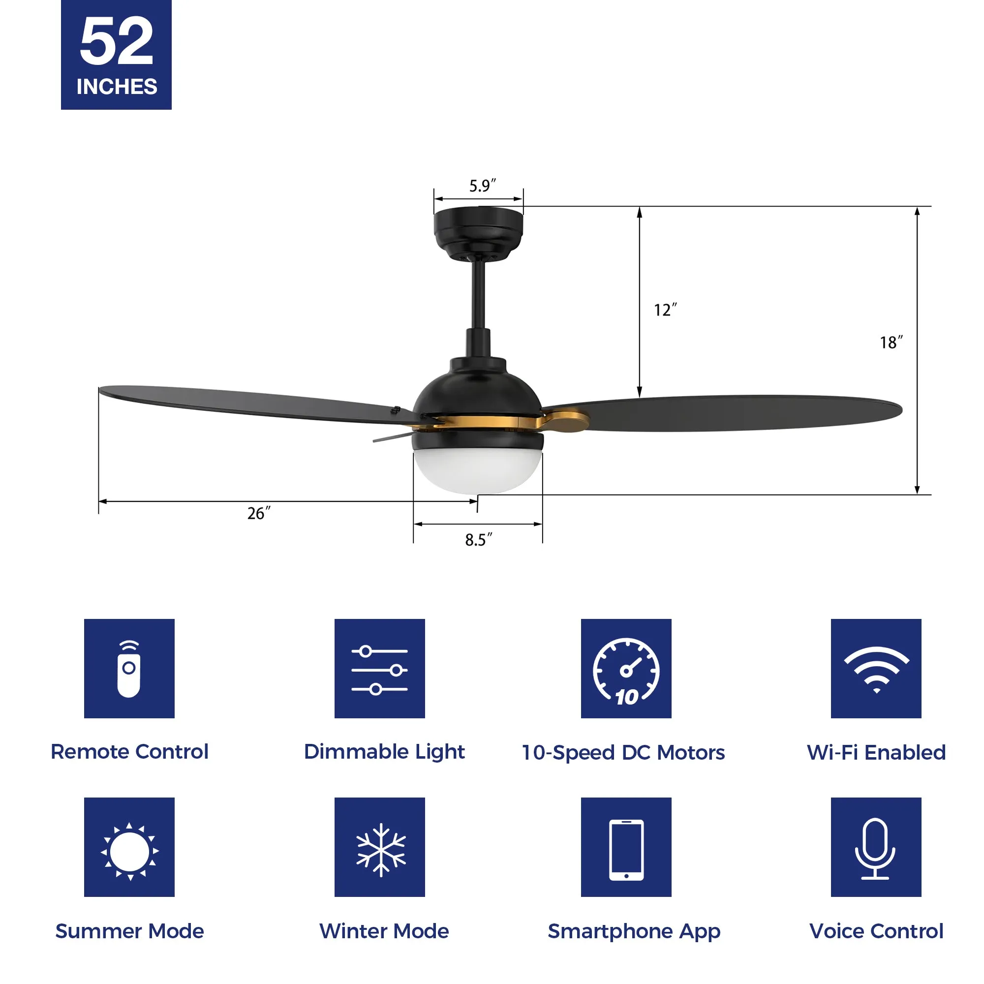 Raddix Outdoor Smart Ceiling Fan with Dimmable LED Light Remote 52"