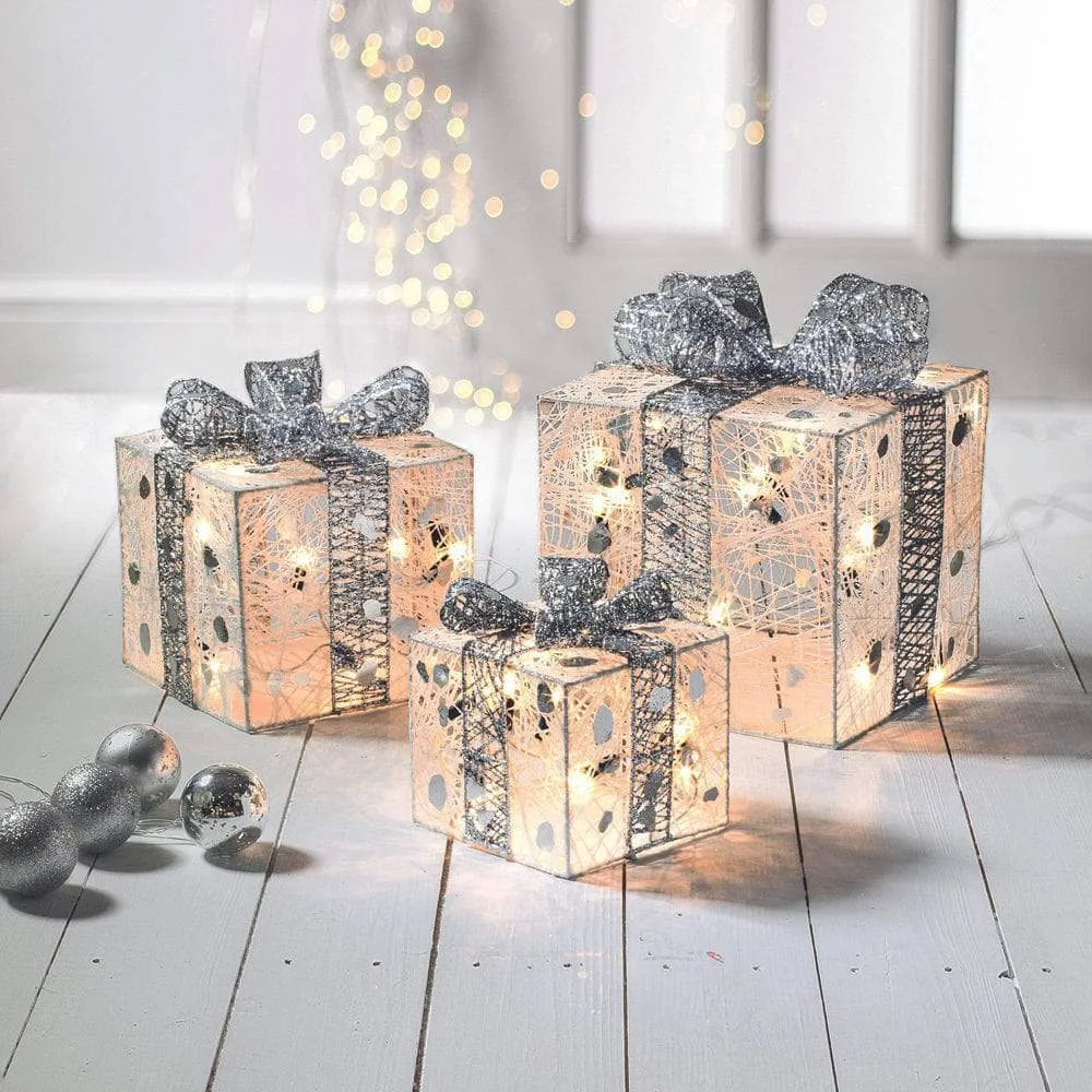 Set Of 3 Warm White And Silver LED Christmas Parcels