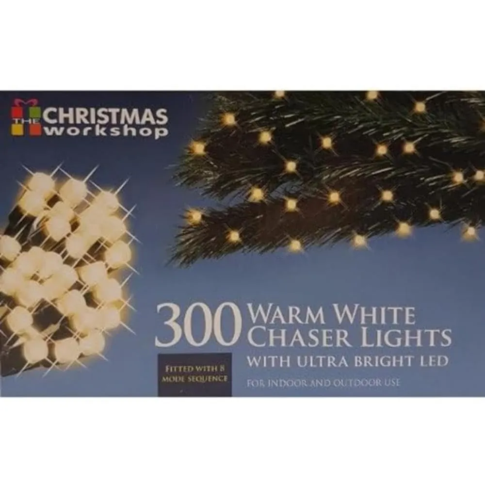 The Christmas Workshop 71950 300 Warm White LED Chaser Christmas Lights / Indoor or Outdoor Fairy Lights / 20.9 Metres / 8 Light Modes / Great For Christmas, Weddings & Gardens