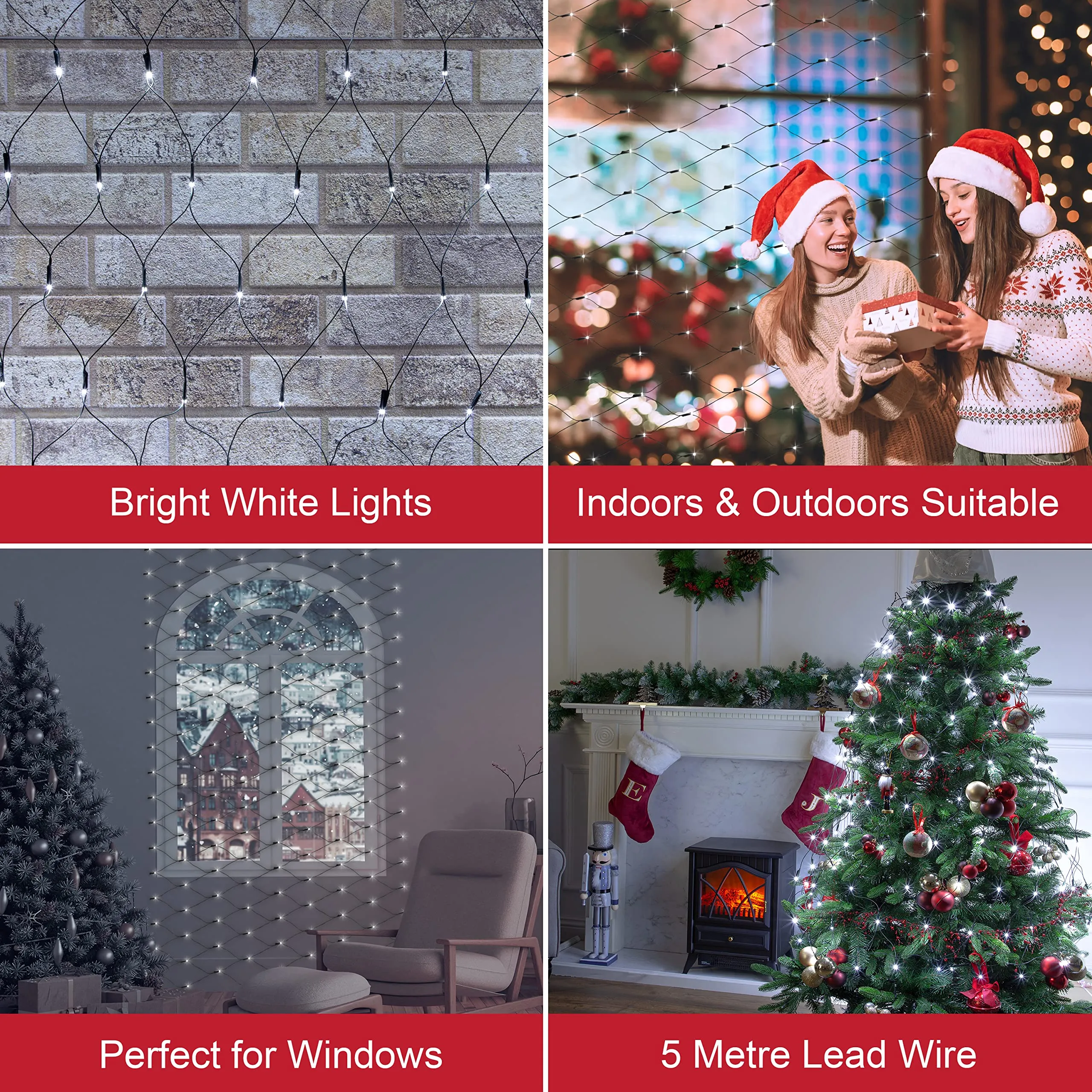 The Christmas Workshop 77960 150 LED Bright White Christmas Net Lights / Curtain Style Window Lights / 8 Different Modes