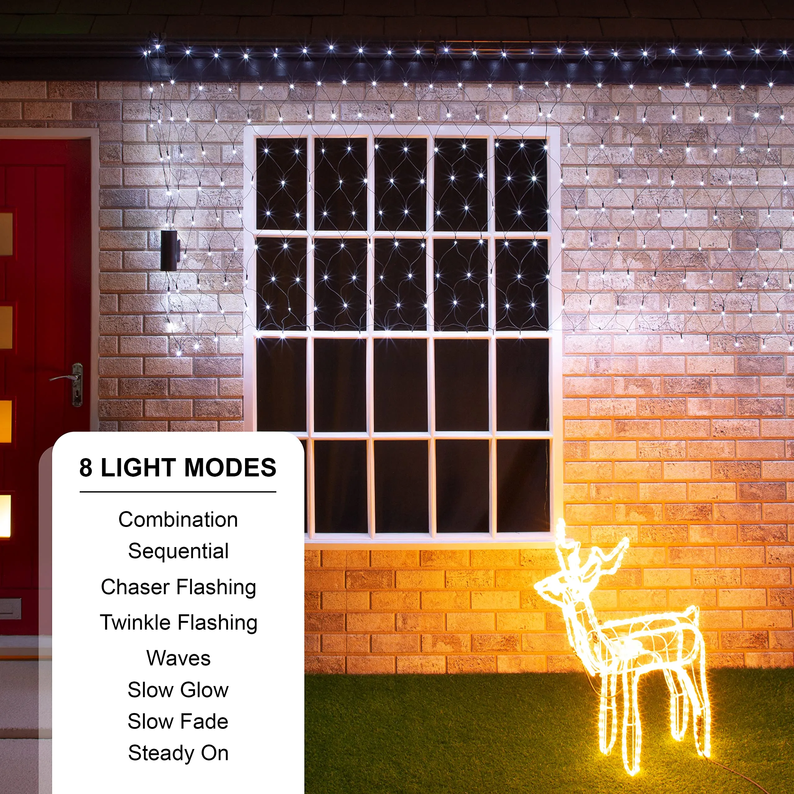 The Christmas Workshop 77960 150 LED Bright White Christmas Net Lights / Curtain Style Window Lights / 8 Different Modes