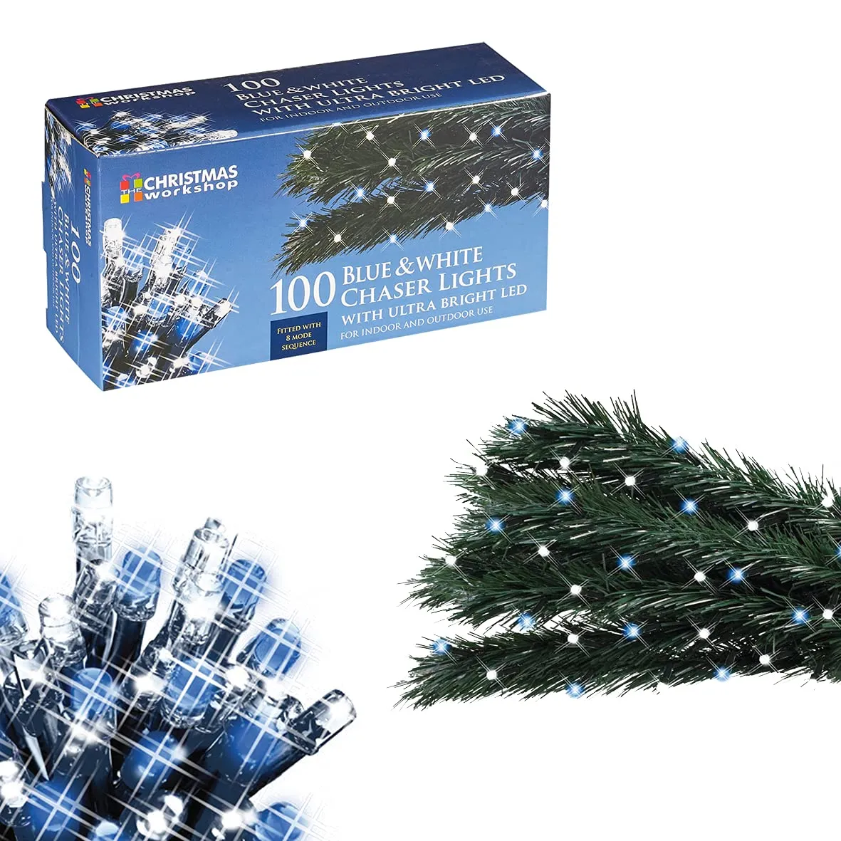 The Christmas Workshop 78580 100 Blue & White LED Chaser Christmas Lights / Indoor or Outdoor Fairy Lights / 6.9 Metres / 8 Light Modes / Great For Christmas, Weddings & Gardens