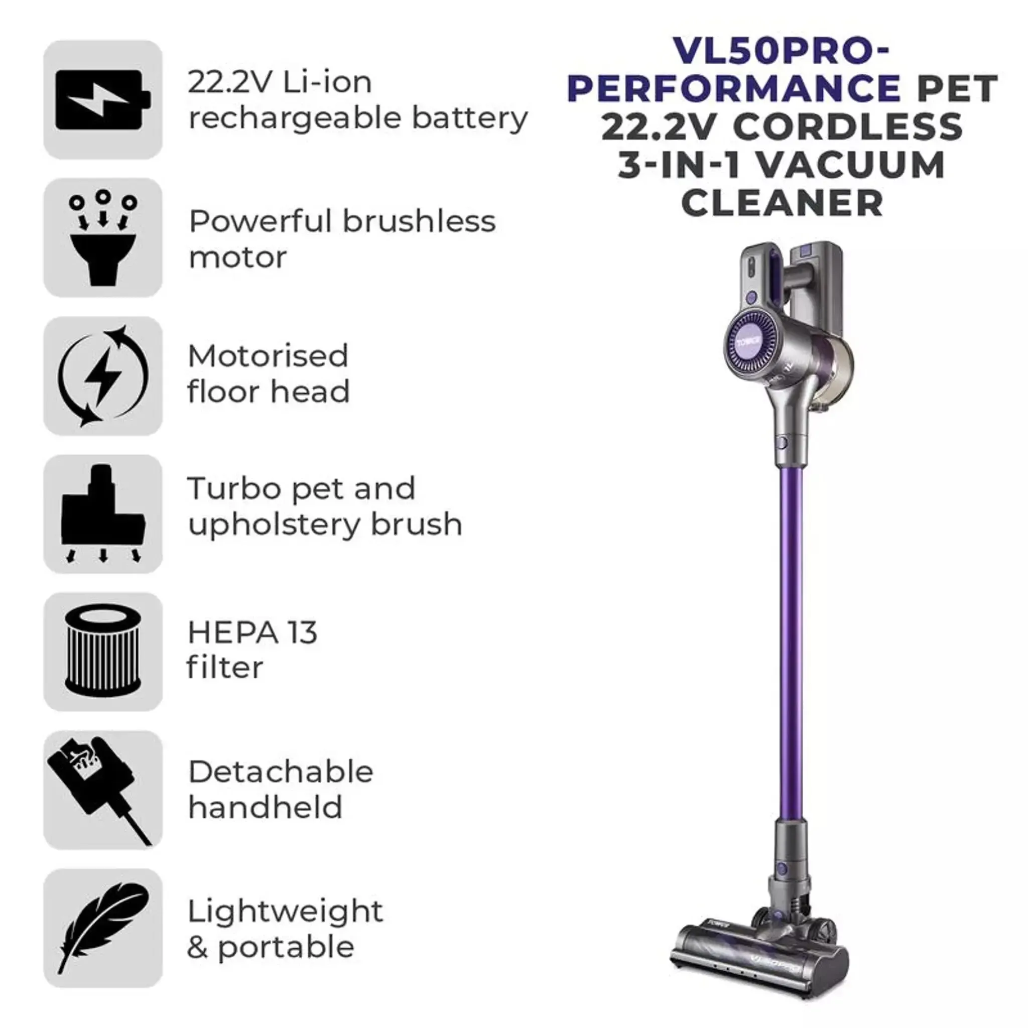 Tower VL50 Pro Performance Pet 22.2V Cordless 3 in 1 Vac