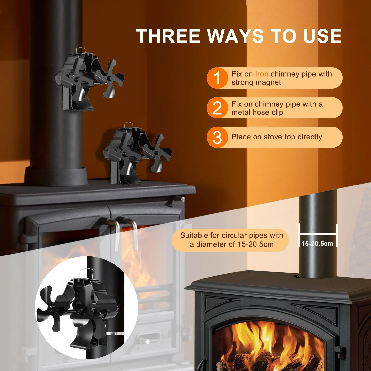 VODA Magnetic Wood stove Fan 3-in-1 without Power for Firewood/Fireplace/Stove Pipe