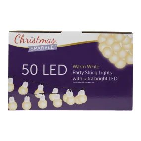 Warm White Christmas Sparkle Outdoor and Indoor Party String Bulbs with 50 Ultra bright LEDS with Green Cable