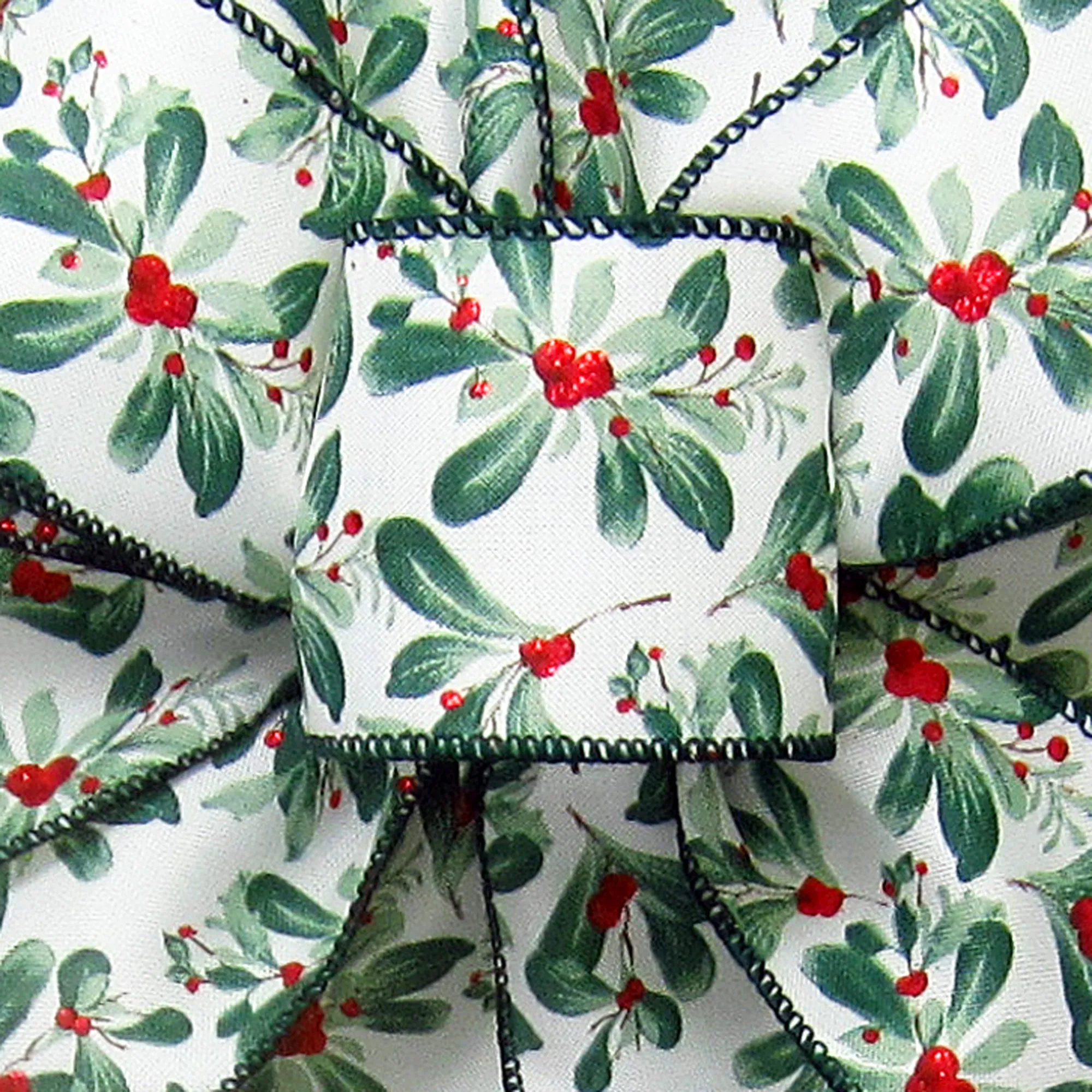 Wired Painted Mistletoe & Red Berries Ribbon (#40-2.5"Wx10Yards)