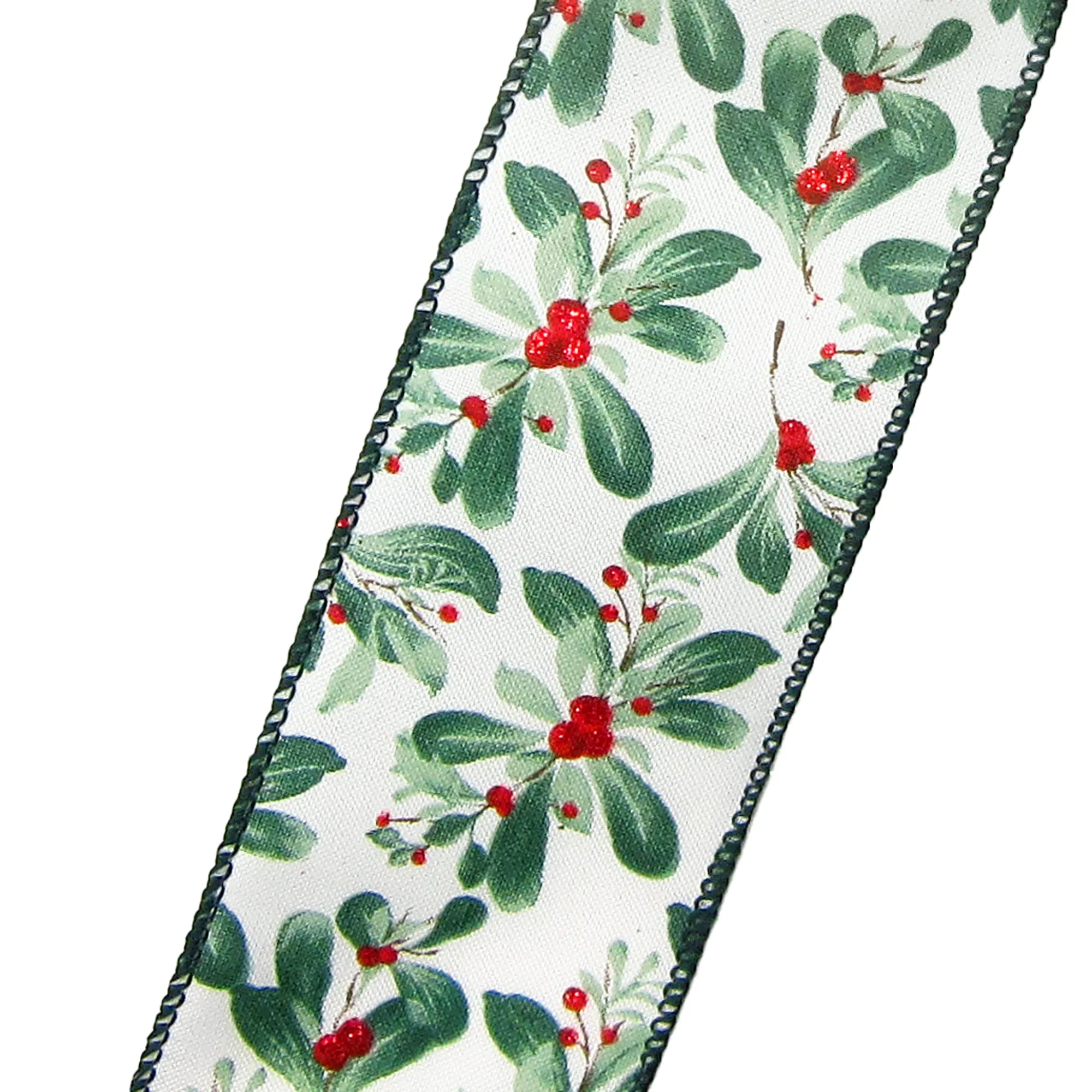 Wired Painted Mistletoe & Red Berries Ribbon (#40-2.5"Wx10Yards)