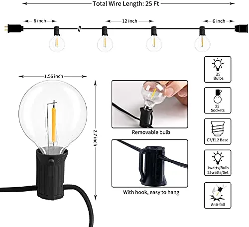 XERGY Outdoor String Lights 25 Feet G40 Globe Patio Lights With 26 Edison Glass Bulbs(1 Spare), Waterproof Connectable Hanging Light (Incandescent ,Warm White), Corded Electric